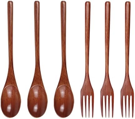 GSHLLO 6 Pcs Reusable Wooden Forks and Spoons Wood Eating Spoon and Fork Set Portable Picnic Spoons Forks Kitchen Cooking Flatware Lunch Box Tableware Dinner Utensils for Home Travel by GSHLLO
