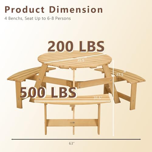 6 Person Wooden Picnic Table, Outdoor Round Picnic Table with 4 Built-in Benches, Umbrella Hole, Outside Table and Bench Set for Patio, Backyard, 500lbs Capacity Per Bench (Nature - 6person) - Image 3
