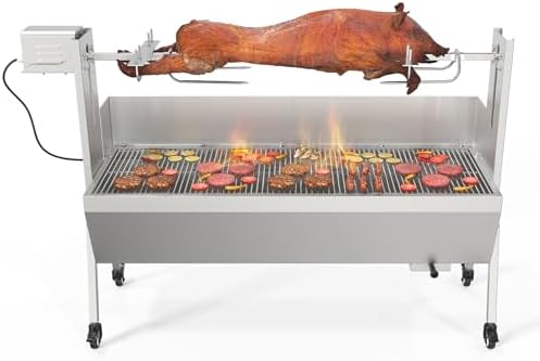 ROVSUN Rotisserie Grill with Windscreen, 46 Inch 176 Lbs Capacity, BBQ Outdoor Pig Lamb Goat Charcoal Spit Roaster, Stainless Steel Rotisserie Grill for Camping Barbecue Party by ROVSUN