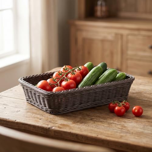 ZOENHOU 3 Packs Poly-Wicker Bread Basket, 16” 14” 12” Handmade Woven Basket, Tabletop Display Organizer Serving Baskets for Home Restaurant Hotel Food Fruit Vegetables Snacks Storage, Dark Brown - Image 6