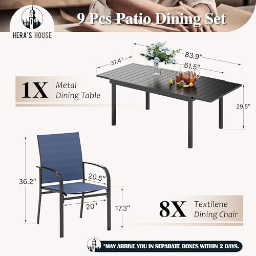 HERA'S HOUSE 9pc Patio Dining Set, Extendable Metal Table, Blue Chairs - Image 6