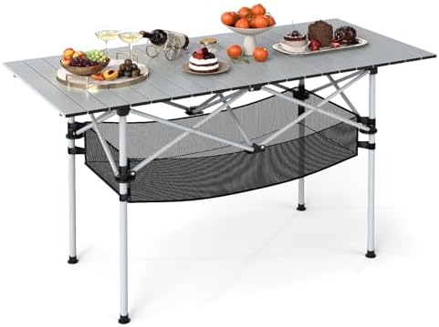 GIANTEX Folding Camping Table, Portable Picnic Table w/Aluminum Roll-up Tabletop & Mesh Basket, Outdoor Lightweight Table w/Carrying Bag for Backyard, Beach, Fishing, BBQ, Patio (47"x22"x27",Silver) by Giantex