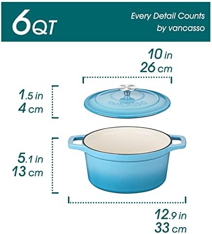 vancasso 6 Qt Round Enameled Cast Iron Dutch Oven with Lid & Handles, Blue - Image 2