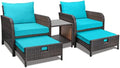 LEVELEVE Balcony Furniture 5 Piece Patio Conversation Set, PE Wicker Rattan Outdoor Lounge Chairs with Soft Cushions 2 Ottoman&Glass Table for Porch, Lawn-Brown Wicker by Enjoyyourlife
