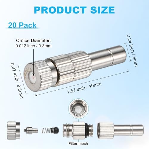 M METERXITY 20-Pack Brass Misting Nozzles, 0.012"/0.3mm Orifice Mister Replacement Heads with Filter Mesh for Cooling System/Landscaping/Humidification, 6mm Low-Pressure Fog Sprayer Nozzle - Image 3