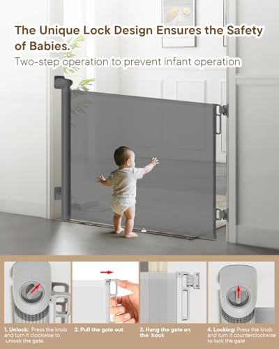 Retractable Baby Gates, 34" Tall Fits Up to 55" Wide, Gray - Image 4