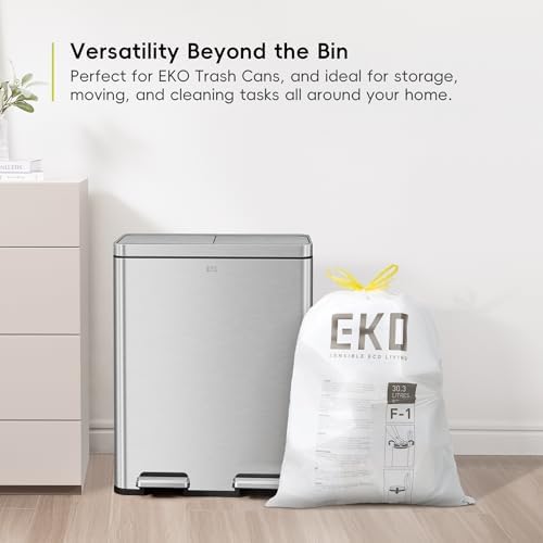 EKO Easy-Dispense Roll 100 Count Extra-Strong Drawstring Kitchen Trash Bags – 8 Gallon Garbage Bags (30.3L) 1 pack, Code F-1 Slim Fit, White - Image 3
