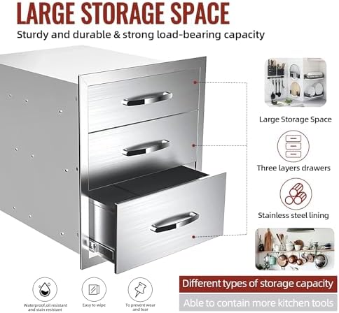Outdoor Kitchen Drawers Stainless Steel, BBQ Drawer Inserts for Built-in Patio Grill Station, Triple Drawer, 14''W x 21''H x 23''D - Image 5