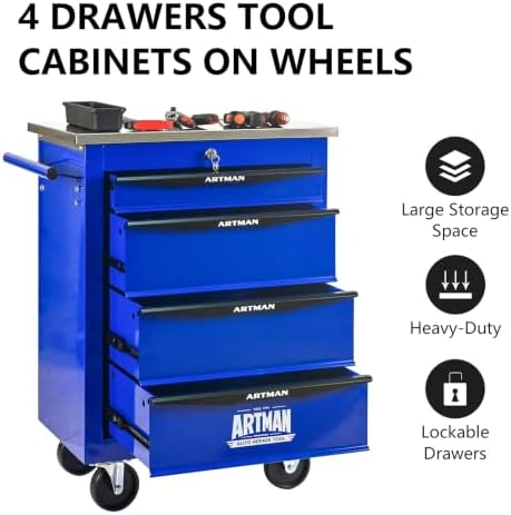 4-Drawer Heavy-Duty Rolling Tool Chest with Wheels & Steel Roof, Lockable Tool Chest Storage Cabinet for Garage, Workshop, Warehouse, and Repair Shop - Image 6