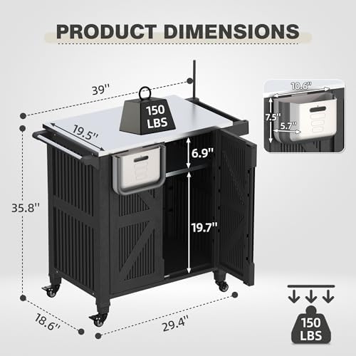 Outdoor Grill Cart with Stainless Steel Top, Outdoor Kitchen Island BBQ Prep Table, Storage Cabinet, Mobile Grill Cart with Folding Hanging Trash Bin, Wheels, Side Shelf for Patio, Garden, Picnic - Image 2