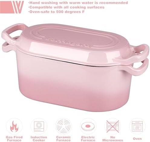 VORRINGARD Oval Dutch Oven Pot with Lid, Enamel Coating Cast Iron Bread Pans for Homemade Sourdough Bread Baking, Cooking, 4 Quart, Pink - Image 3