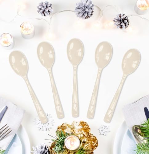 SietDESEO 50 PCS Ivory Plastic Spoons Disposable Utensils Heavy Duty Ivory Spoons Disposable Cutlery for Birthday Wedding Baby Shower Bridal Shower Plastic Silverware - Image 2