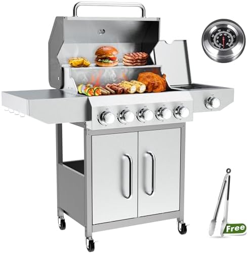 BESTFIRE 68,000 BTU 5+1 Burner Propane Grill - Stainless Steel BBQ with 647 sq in UPGRADED OIL-DRAIN Plates, Cast Iron Grates, Side Burner + FREE Food Clip for Outdoor Cooking by GrillsOutdoorCooking