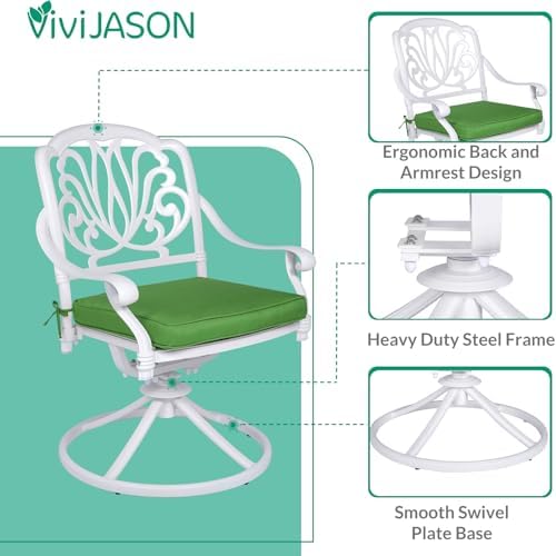 VIVIJASON 5-Piece Outdoor Patio Dining Set, All-Weather Cast Aluminum Conversation Set, Patio White Furniture Set, Include 2 Swivel Dining Chairs, 2 Stationary Chairs, 1 Round Table w/Umbrella Hole - Image 5