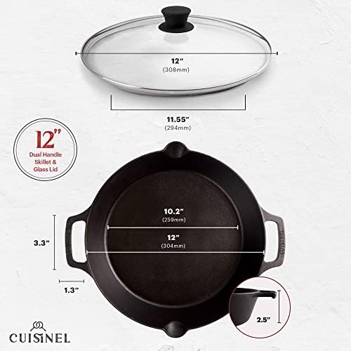 Cast Iron Skillet with Glass Lid - 12"-Inch Dual Handle Frying Pan + Pan Scraper + Silicone Handle Holder Covers - Preseasoned Oven Safe Cookware - Indoor/Outdoor Use - Grill, Stovetop, Induction Safe - Image 3