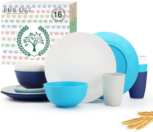 Homienly Premium Wheat Straw Dinnerware Sets, Plates and Bowls Sets,Cups,Alternative to Plastic Plates Service for 4, Dishwasher and Microwave Safe 16 PCS Dish Sets for Home,Camping - Island by HOMIENLY