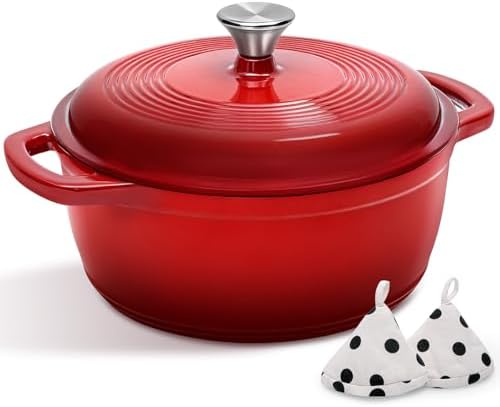 Enameled Cast Iron Dutch Oven Pot With Lid - AIVIKI 5QT Dutch Oven for Bread Baking With Cotton Potholders - Heavy-Duty Cookware for Braising, Stew, Roasting, Oven Safe up to 500°F, Red by AIVIKI