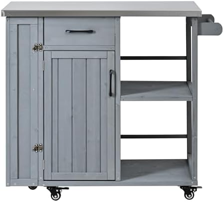 Outdoor Kitchen Island Cart with Stainless Steel Top, Rolling Grill Table with Storage Cabinet Drawer Shelves and Towel Rack, Wooden BBQ Prep Station with Lockable Wheels for Patio Backyard, Grey - Image 5