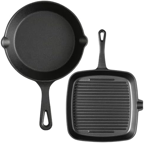 Pre-Seasoned Cast Iron skillets,2 Piece Durable Pots and Pans Set with Handle Covers for Grill, BBQ, Camping Fire, Stovetop, Kitchen and Camping Cookware by YIYOBEATFO
