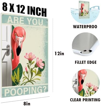 BEASTZHENG Metal Tin Sign Vintage Flamingo Metal Sign, Funny Bathroom Wall Art with "Are You Pooping?" 8x12 Inches Quote, Unique Tropical Farmhouse Decor for Flamingo Lovers - Image 3