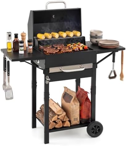 HAPPYGRILL Charcoal Grill with 2 Side Tables,Thermometer & 2 Wheels by HAPPYGRILL