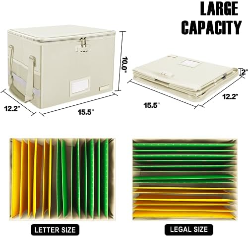 ENGPOW File Box with Lock,Fireproof Document Box with Zipper Lid,Collapsible File Storage Organizer Filing Cabinet with Handles,Portable Home Office Safe for Hanging Letter/Legal Folders,Beige,2 Pack - Image 5