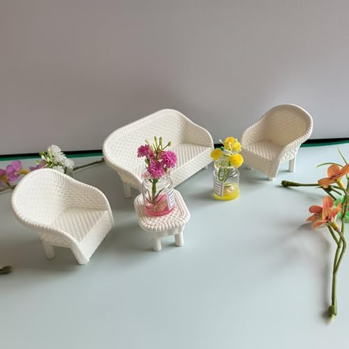 4 Pack Miniature White Wicker Tea Table and Chair Set, Dollhouse Furniture Decor for Bedroom, Handcrafted Miniature Furniture - Image 3