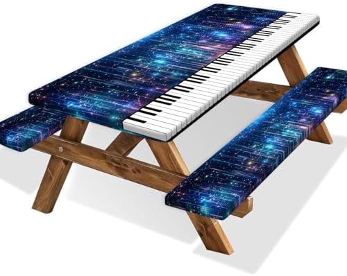 Piano Keyboard Picnic Table Cover with Bench Covers, Camping Essentials, Music Themed Waterproof Windproof, Fitted Tablecloth Cover with Elastic Edge, for Outdoor, Garden, 3 PCS, 30x72 Inch by Xguatan