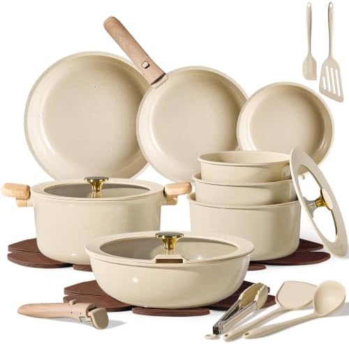 CAROTE 25pcs Ceramic Cookware Set, Pots and Pans Set with Detachable Handle by CAROTE