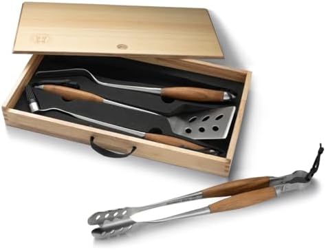 Schmidt Brothers - BBQ Bonded Teak 4 Piece Grilling Accessory Set, Full-Forged Stainless Steel Grilling Utensils Including Spatula, Fork, Basting Brush, and Tongs with All Wood Handles by SCHMIDTBROS