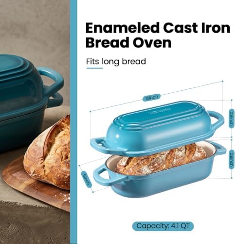 Oval Dutch Oven for Bread Baking,11.3x5.3 Enameled Cast Iron Bread Pan,Blue - Image 2