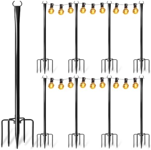 8 Pack String Light Poles for Outside, Upgraded Heavy-Duty Metal Poles for Outdoor String Lights with Fork, Adjustable Lighting Hanging Accessories for Patio Decor Pergola Backyard Garden Decorations by Nexillumi