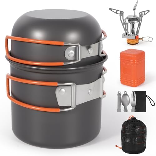REDCAMP 6/10/11/12/14/15/19 PCS Camping Cookware Mess Kit Camping Gear Campfire Utensils Lightweight Stackable Pot Pan Bowls Soup Spoon with Storage Bag for Camping, Backpacking, Outdoor Cooking by REDCAMP