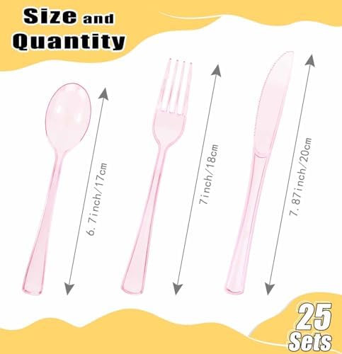 HEIPINIUYE 75 Pack Light Pink Clear Plastic Cutlery Heavy Duty Clear Pink Plastic Knives Forks and Spoons Disposable Silverware Set for 25 Guest Camping Birthday Baby Shower Party Utensil Set - Image 3