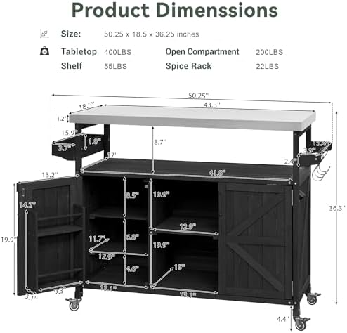 Outdoor Kitchen Island, Rolling Bar Cart & Storage Cabinet, Farmhouse Solid Wood Outdoor Grill Table with Stainless Steel Top, Spice Rack, Towel Rack for Kitchen & Barbecue, Black - Image 3