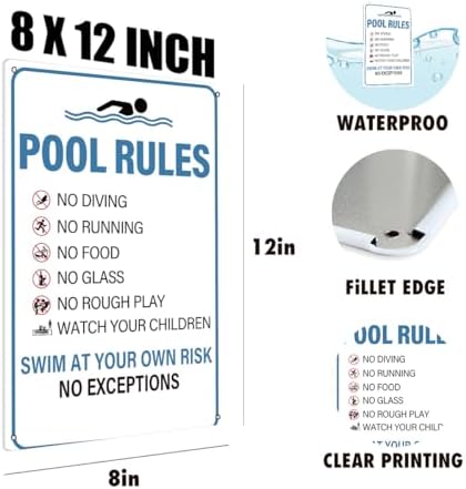 BEASTZHENG Pool Rules Sign Warning Swim At Your Own Risk Retro Metal Tin Sign for Swimming Pool Water Park Beach Decor for Outdoor 8x12 Inches - Image 3