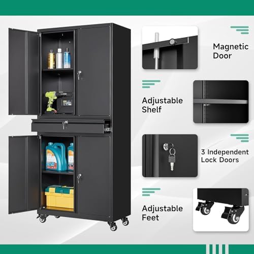 Letaya Metal Garage Storage Cabinet with Wheels,Rolling Tool Cabinet with 4 Door Lock-Adjustable Shelves and 1 Drawer for Garage Home Office Utility Room (Black with Wheels) - Image 4