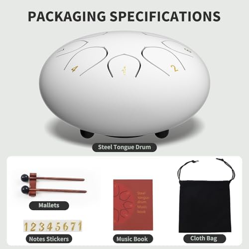 Rain Drum for Outside Garden, 6 Inches 8 Notes Steel Tongue Drums, Waterproof Meditation Echo Rain Chime, Musical Instruments for Adult Gift with Bag, Music Book, Mallets (White) - Image 2