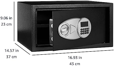 Amazon Basics Steel Security Safe Box with Digital Keypad, for Valuables, Cash, Jewelry, Documents, Removable Shelf, Black, 1 Cubic Foot, 16.9"x14.6"x9.1" (WxDxH) - Image 2