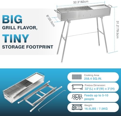 IRONWALLS Portable Charcoal Grill Foldable with Skewer, 32"(L)x8"(W)x32"(H) - Image 2