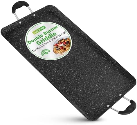 Nutrichef Double Burner Griddle, Non-Stick Stove Top Griddle for Gas Stove, Dishwasher Safe, Heatproof Bakelite Handles, Even Heat Distribution, PFOA & PFOS Free, 20” x 12” x 0.8” Inch (Black) by NutriChef%E2%84%A2Kitchen
