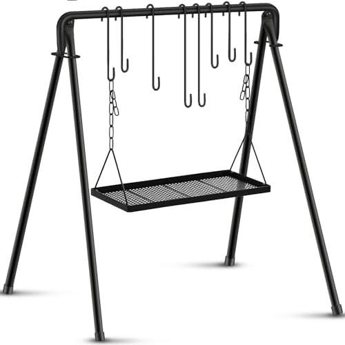 Rossesay Grill Swing Campfire Stand Campfire Cooking Equipment Adjustable Camping Accessories Cookware Hanging Rack with 8 Hooks and Portable Grill Stand for BBQ Picnic Outdoor Party by Rossesay