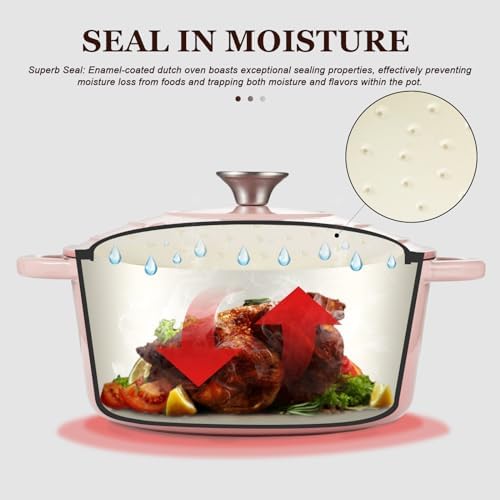 Overmont Enameled Cast Iron Dutch Oven - 4.5QT Pot with Lid Cookbook & Cotton Potholders - Heavy-Duty Cookware for Braising, Stews, Roasting, Sourdough Baking pink - Image 2