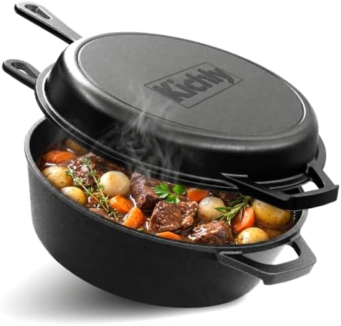 KICHLY Combo Cooker Cast Iron Dutch Oven 3.2QT with Lid 2 in1 Pre-Seasoned by KICHLY