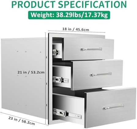 Outdoor Kitchen Drawers 18" W x 21" H x 23" D Stainless Steel Triple Drawers with Ergonomic Handle for BBQ Island, Patio Grill Station & Outdoor Kitchen Cabinets - Image 2