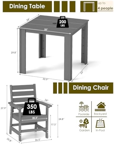 GREENVINES 5-piece Patio Dining Set, HDPE Square Table & 4 Chairs, Gray - Image 2