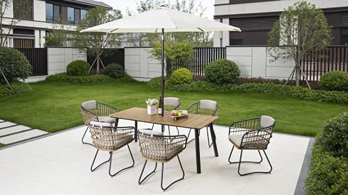 Outdoor Dining Table with Foldable Metal Frame, Plastic Wood Slat Top, Umbrella Hole, Patio Garden Backyard Balcony Poolside Camping Furniture for Family Meals Gatherings Leisure Events (Yellow) - Image 7