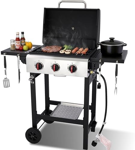 3-Burner Propane Gas Grill with Cast Iron Grate, 30,000 BTU Output & 252 Sq. Inch Cooking Space, Easy-Clean System & Foldable Side Tables for Outdoor BBQ (3-Burner) by LabolataOutdoorGrills