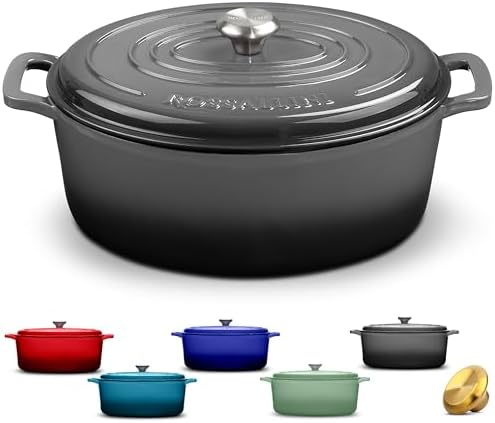 Rossallini Enameled Cast Iron Oval Dutch Oven with Lid, 5 Qt, Oyster Grey by RossalliniSignatureStoneware