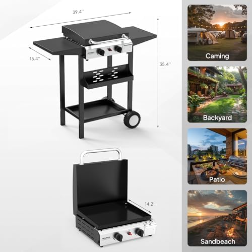 ROVSUN 2 Burner Portable Propane Griddle with Electronic Ignition, 20000 BTU Rolling Flat Top Gas Grill with Enameled Tray & Lid, Side Shelves & Regulator for Outdoor Cooking Camping BBQ Tailgating - Image 6